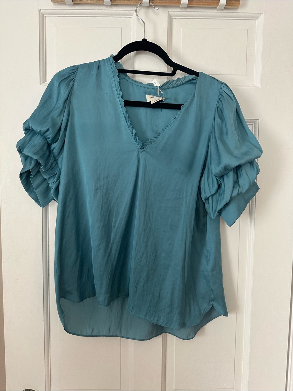 Zadig & Voltaire Teal V-Neck Ruffle Sleeve Blouse